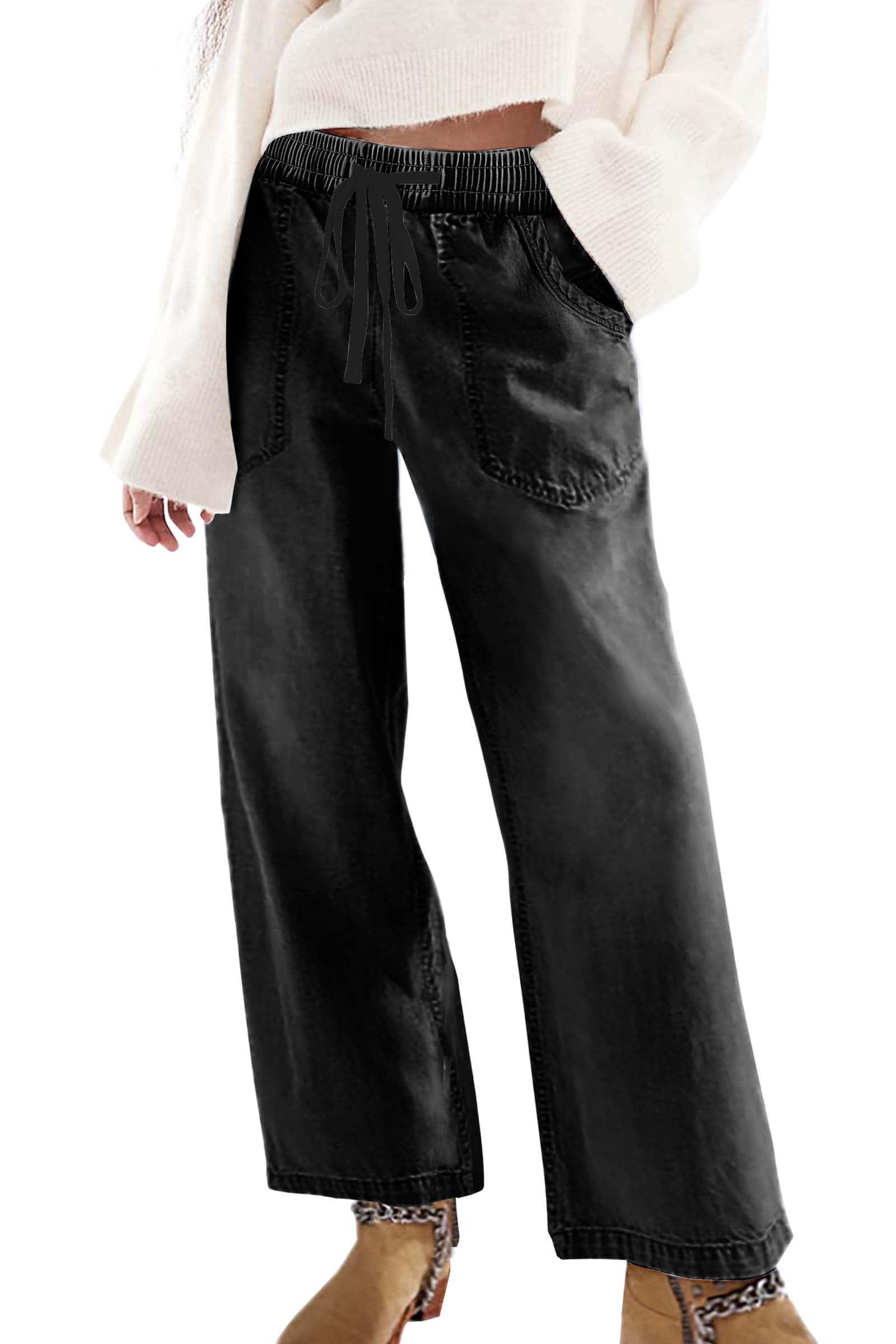 SESERAGI Womens Barrel Stretch Jeans Drawstring Pull On Denim Jeans Pants
