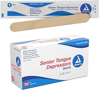Dynarex Tongue Depressors, Sterile, 6" Senior-Sized Length, Made from Beige Birch Wood, Comes in Peel-Down Patches, 1 Box of 100