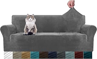 MAXIJIN Thick Velvet Couch Covers for 3 Cushion Couch, Sofa, Gray | Super Stretch Non Slip Sofa Cover for Dogs Cat Pet Friendly 1 Piece Elastic Furniture Protector Plush Slipcovers Living Room