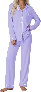 Ekouaer Conjunto de pijama de manga larga para mujer con botones y ropa de dormir suave pijama Lounge Sets XS-XXL, Lila , M