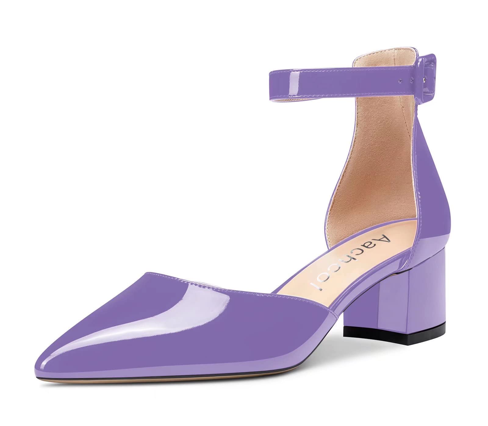 Aachcol Women's Ankle Strap Pumps Closed Toe Chunky Block Mid Heel D'Orsay Two-P
