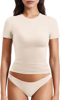 YEOREO Ease Women Fitted Workout Tops | T Shirts, Short Sleeve, Double Lined, Basic, Y2K, Crew Neck, Buttery Soft,Compression Crop
