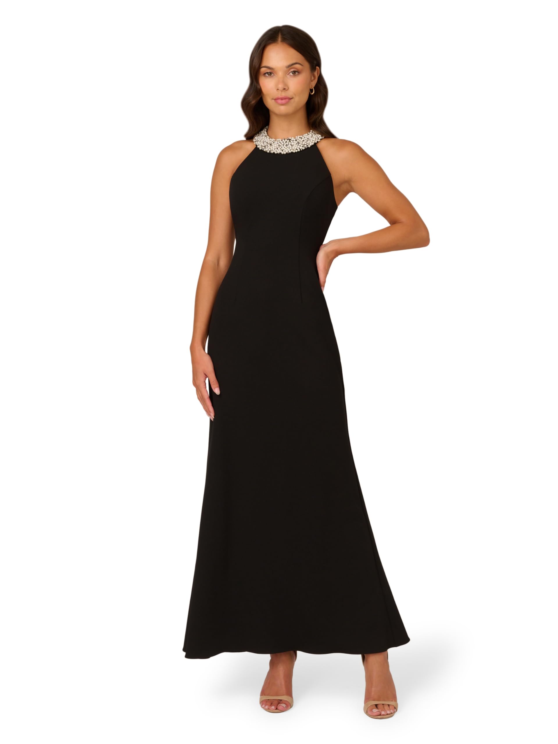 Adrianna Papell Women's Beaded Halter Gown, Black, 18