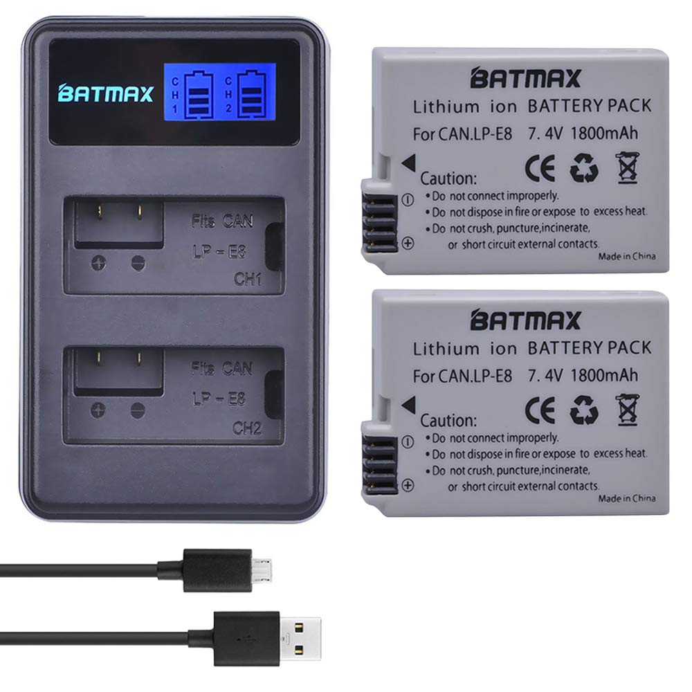 Batmax 2Pcs 1800mAh LP-E8 LP E8 Battery + LCD USB Dual Charger for Canon LP-E8 L