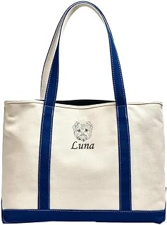 GOPHIE Personalized Embroidery Canvas Tote Bag,Embroidered Dog Face with Pet Name,Top Zipper Closure, Daily Essentials