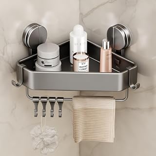Mustorn Corner Shower Caddy Suction Cup, Shower Shelf No Drilling Bathroom Corner Shelves Suction Shower Caddy Organiser Rack Adhesive with Towel Bar & Removable Hooks Wall Mounted(1 Pack, Grey)