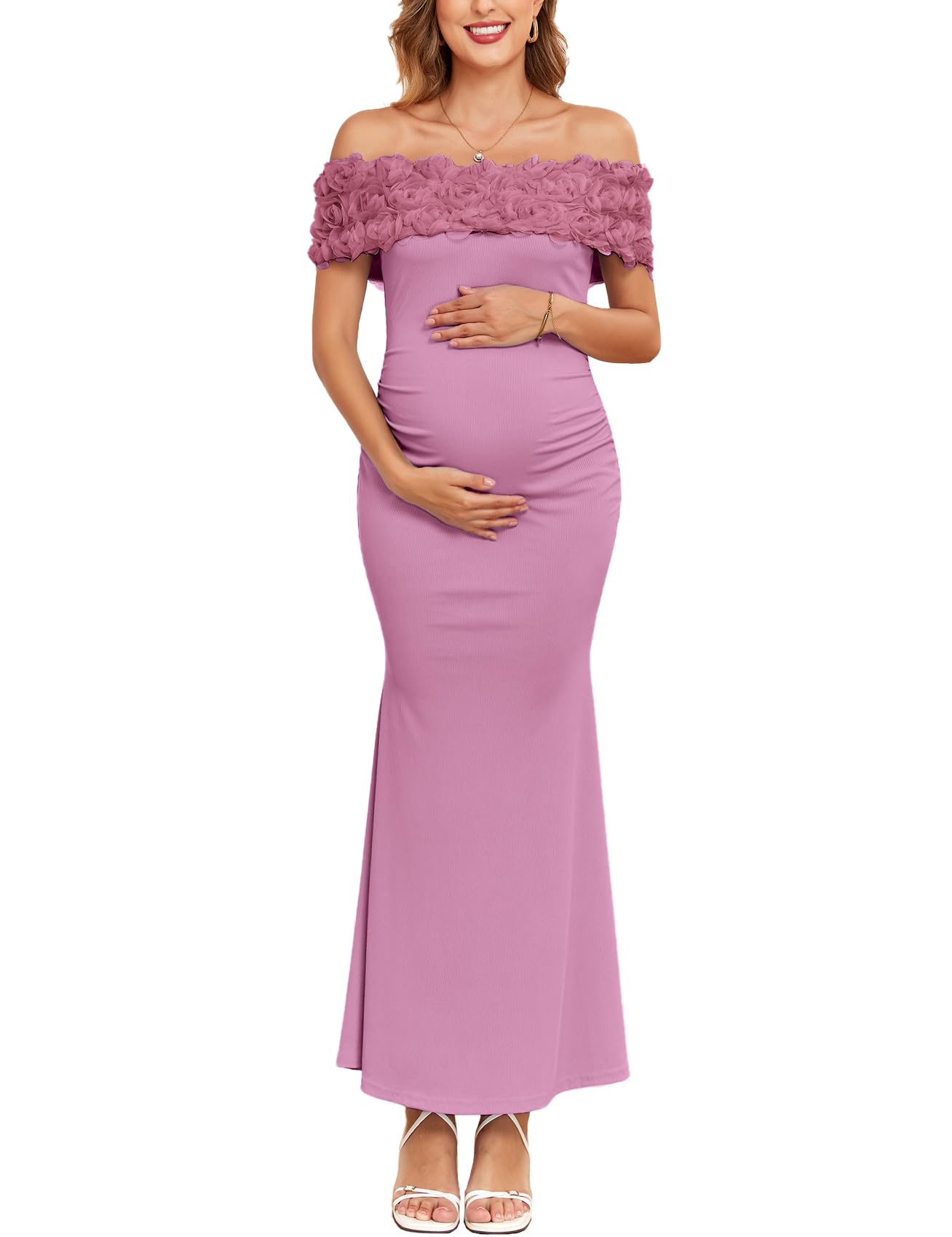 AISWI 3D Floral Off The Shoulder Maternity Dress Sexy Ribbed Mermaid Maxi Bodyco