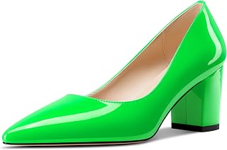 Aachcol Zapatos de vestir de charol para mujer, de tacón medio y grueso, puntera puntiaguda, zapatos de vestir de oficina y fiesta, tacones de 2.4 pulgadas