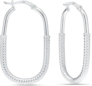 LeCalla 925 Sterling Silver Chunky Hoop Earrings for Women | Large Rectangle Shaped Earring Hoops | Handmade Classic Oval Textured Click-Top Big Hoops Earring for Women Gifts