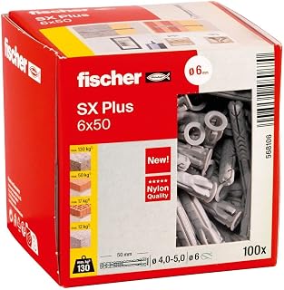 fischer SX Plus Wall Plugs 6 x 50mm Nylon Expansion Fixings 100 Pack | 4-way expansion technology, high holding power, anti-rotation design and secure fixing in concrete, brick and masonry