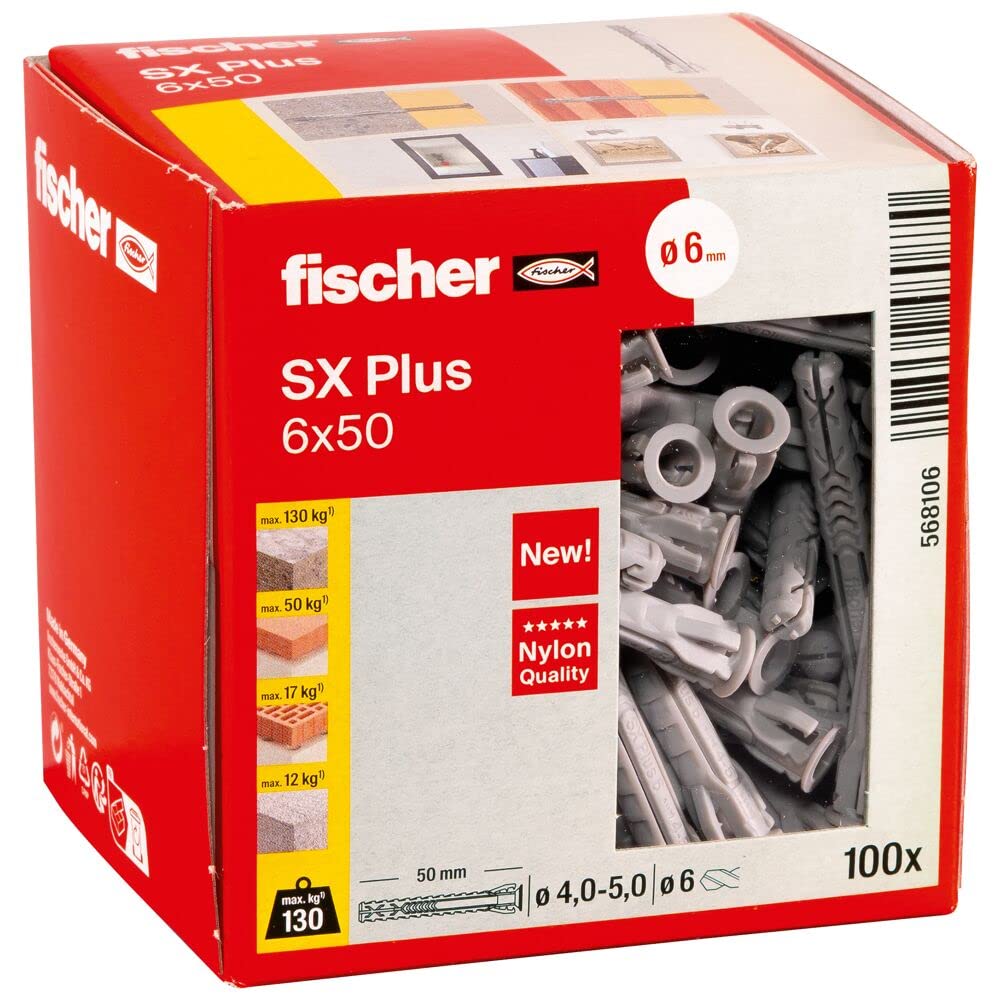 fischer SX Plus Wall Plugs 6 x 50mm Nylon Expansion Fixings 100 Pack | 4-way exp