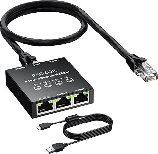 PROZOR Gigabit Ethernet Splitter 1 to 4, USB Powered RJ45 Network Switch | Connect Four Wired Devices, Up to 1000 Mbps, 5 V USB C Power, Metal Housing, 1 m USB Power Cable and 0.5 m Ethernet Cable