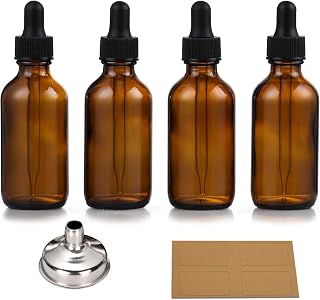 4 Pack, 1 oz Thick Dark Amber Glass Dropper Bottles with 1 Funnels &amp; 4 Labels - 30ml Tincture Bottles with Eye Dropper - Leakproof Essential Oils Bottle - Storage and Travel for Beauty or Health