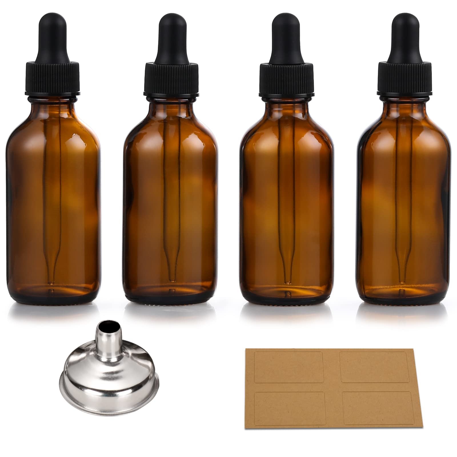 4 Pack, 1 oz Thick Dark Amber Glass Dropper Bottles with 1 Funnels &amp; 4 Label