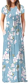 GRECERELLE Women Summer Casual Maxi Long Dress Short Sleeve Crew Neck with Pockets, Size S-3XL
