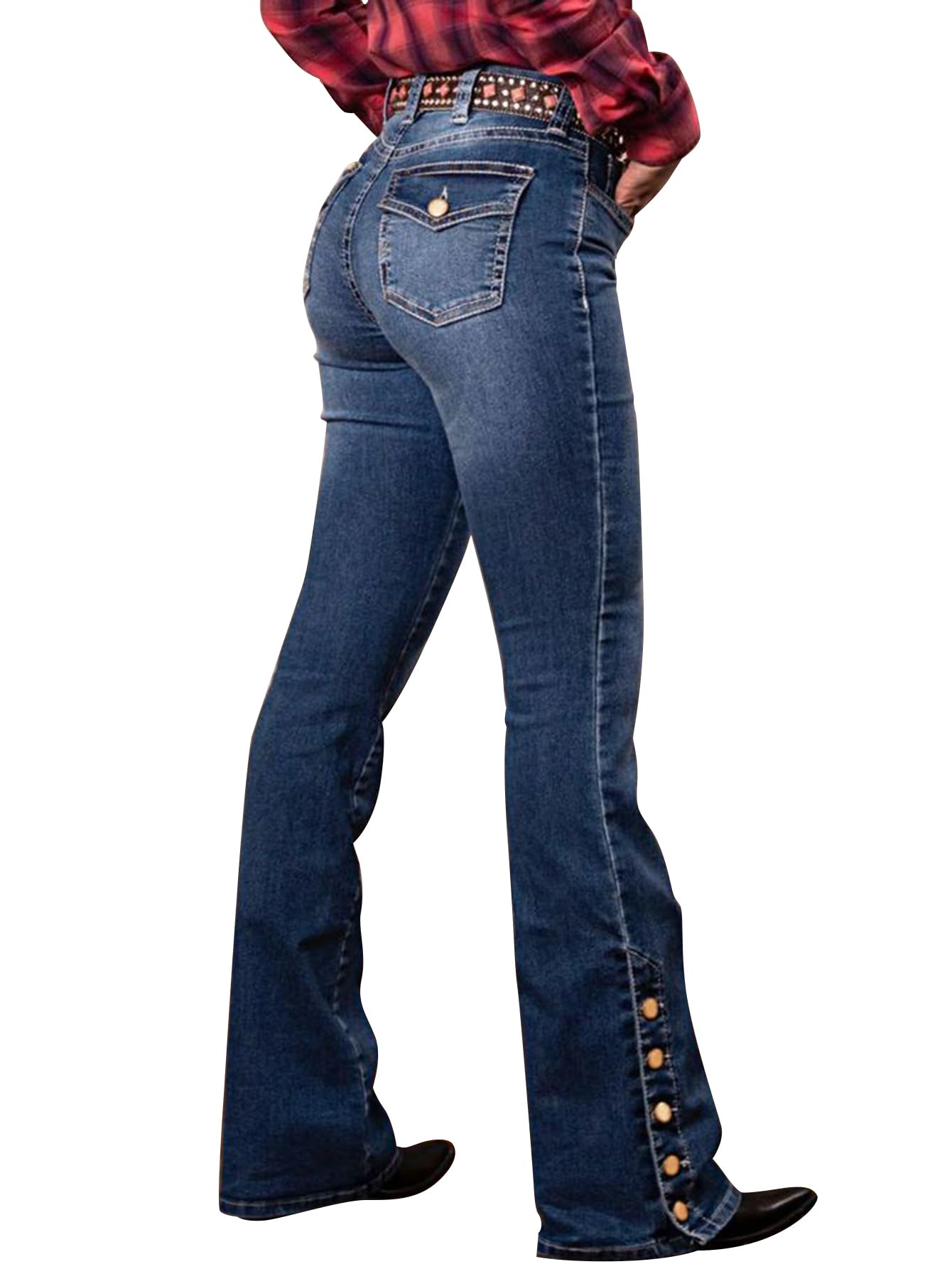 Flamingals Women's Buttoned Hem Butt Lifting Bootcut Jeans