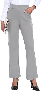 GRECERELLE Women's Casual Elegant Work Trousers Fabric Trousers Elastic Waist Pockets Button Down Trousers