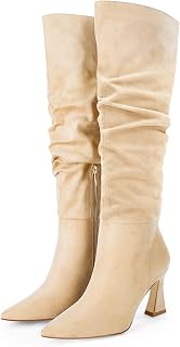 Coutgo Botas largas hasta la rodilla para mujer, de pantorrilla ancha, punta puntiaguda, cremallera lateral, tacón grueso, botas largas de invierno