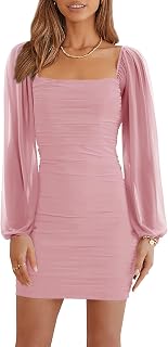 Womens Mesh Long Sleeve Square Neck Ruched Cocktail Bodycon Mini Dresses