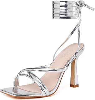 Mostrin Womens Sandals Strappy Heels for Women Ankle Strap Lace Up Heels Square Open Toe Heels Tie Up Stiletto High Heeled Sandals for Prom, Party, Daily Wear