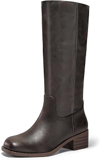 Coutgo Ladies Square Toe Wide Heel Comfort Low Heel Knee High Boots