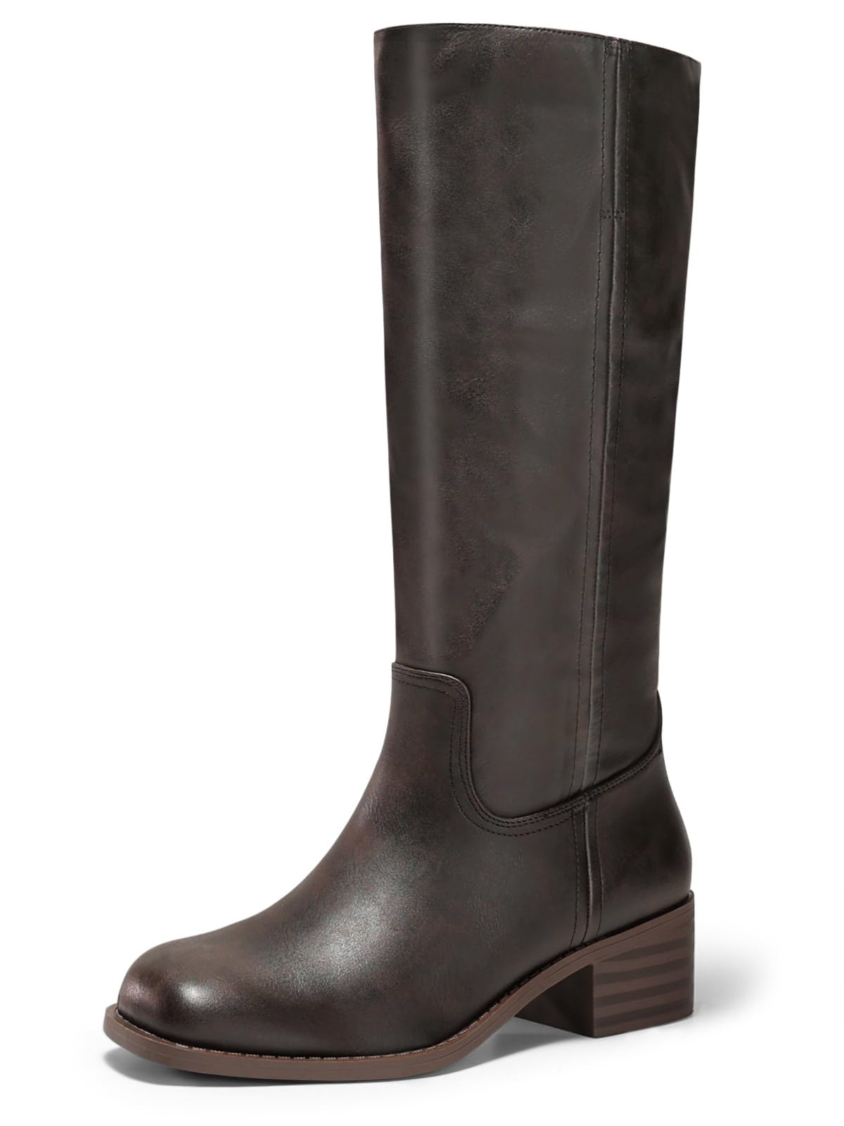 Coutgo Ladies Square Toe Wide Heel Comfort Low Heel Knee High Boots