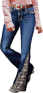 Flamingals Women's Floral Embroidery Mid Waist High Stretch Bootcut Jeans with Pockets