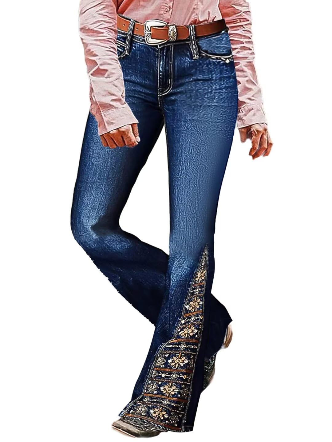 Flamingals Women's Floral Embroidery Mid Waist High Stretch Bootcut Jeans with P