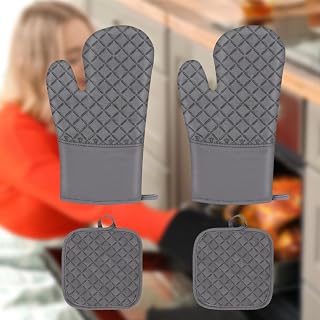 Oven Gloves and Pot Holders Set of 4 Heat Resistant Up to 260 Degrees C, Extra Long Silicone Surface for Secure Grip, Washable Kitchen Gloves and Pot Holders for Cooking, Baking