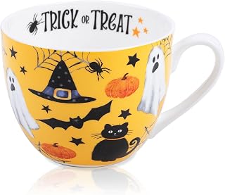 MFoffice Orange Halloween Mug – 20oz Bone China Coffee Mug with Black Cat, Ghost, Pumpkin & Bat, Perfect Fall Gift for Halloween Lovers, Designed in England by Harvest Green Studio