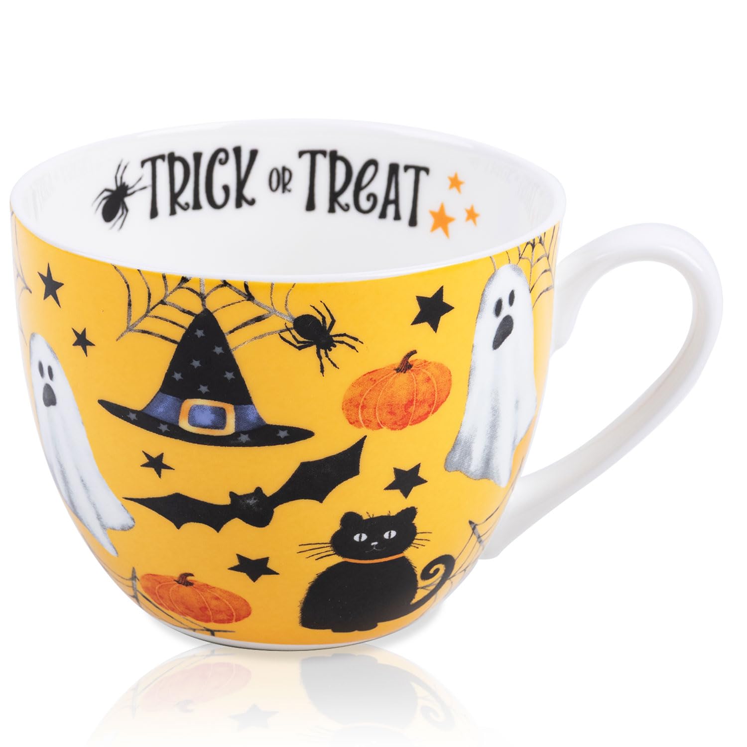 MFoffice Orange Halloween Mug – 20oz Bone China Coffee Mug with Black Cat, Ghost
