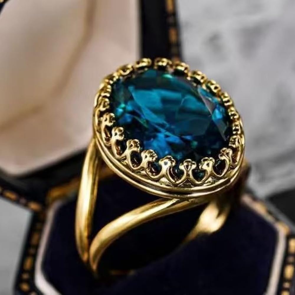 Simple 14K Gold Plated Blue Cubic Zirconia Ring for Women Temperament Jewelry fo