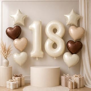 18th Birthday Balloon for Girls Neutral Beige 18 Number Decoration Nude Cream Star Foil Balloon Heart Shape Helium Balloons Birthday Decorations for