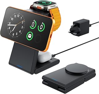 GEEKERA Travel 3 in 1 Wireless Charging Station for Apple | Portable & Foldable Charger Stand Compatible with MagSafe for iPhone 12-18/Air, Watch 2-11/Ultra/SE, AirPods Pro 3/4/Pro 2.