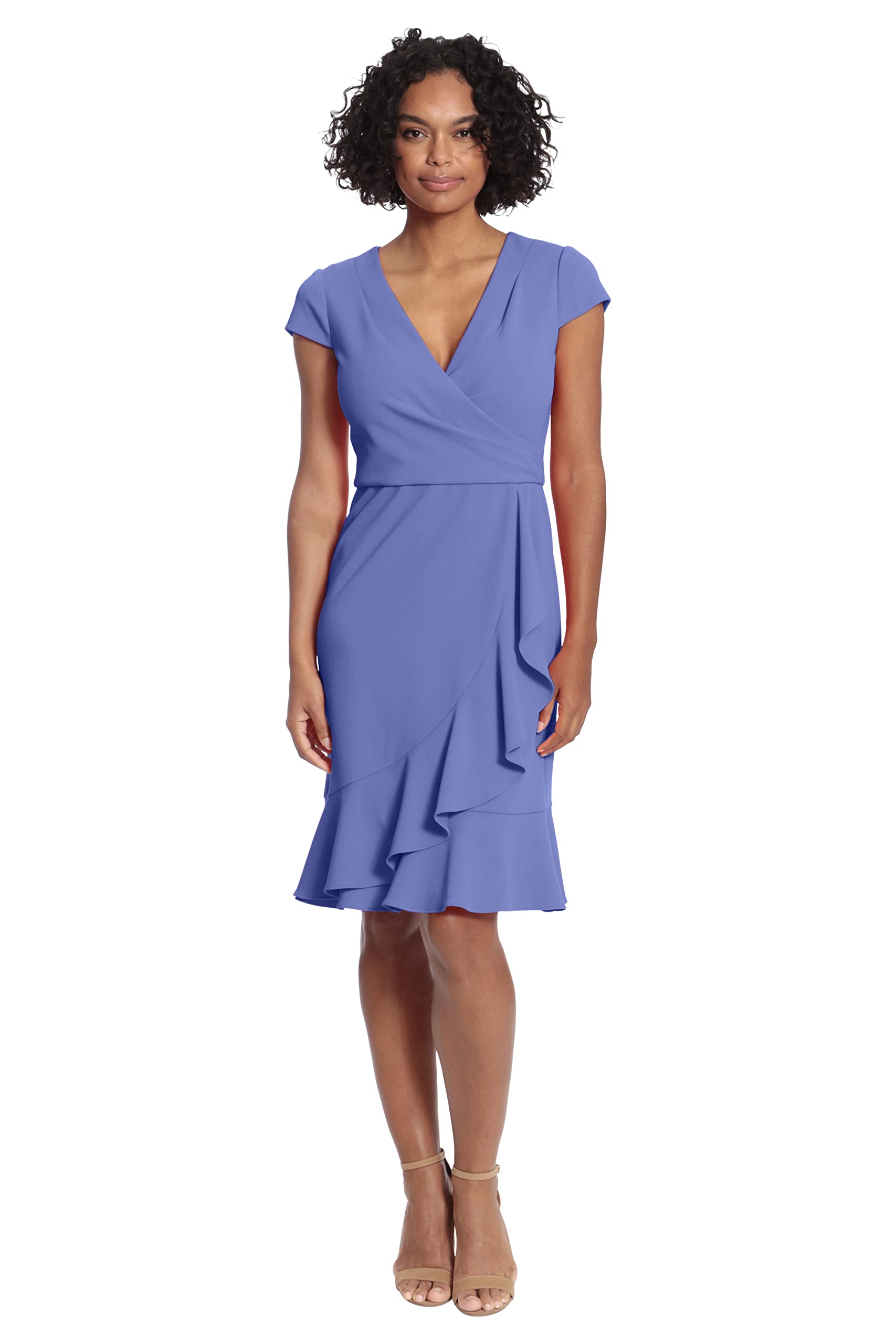 London Times Womens Feminine Ageless Surplice V-Neck Faux Wrap Ruffle Dress Offi