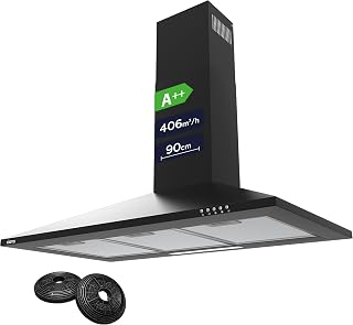 CIARRA CBCB9201 90cm Chimney Cooker Hood Black, Class A++, 406m³/h, 3-Speed | Carbon Filters Included, Recirculating or Ducting Extractor Fan Kitchen, Wall Mounted, Push Button, Low Noise, LED Light
