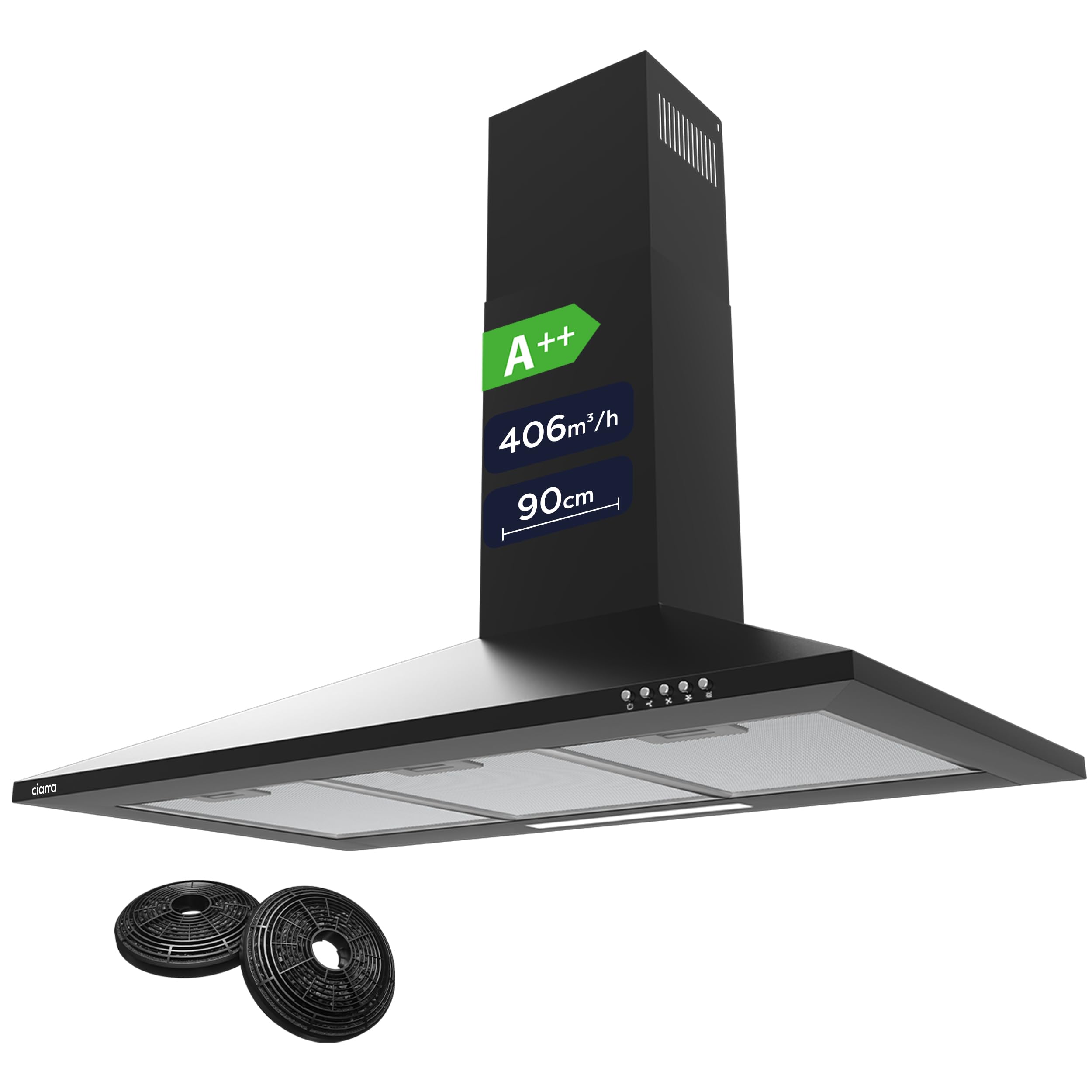CIARRA CBCB9201 90cm Chimney Cooker Hood Black, Class A++, 406m³/h, 3-Speed | Ca