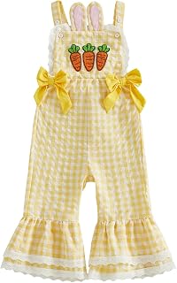Toddler Baby Girl Easter Outfit Bunny Overalls Plaid Ruffle Bell-Bottom Overall Pants One Piece Romper Casual