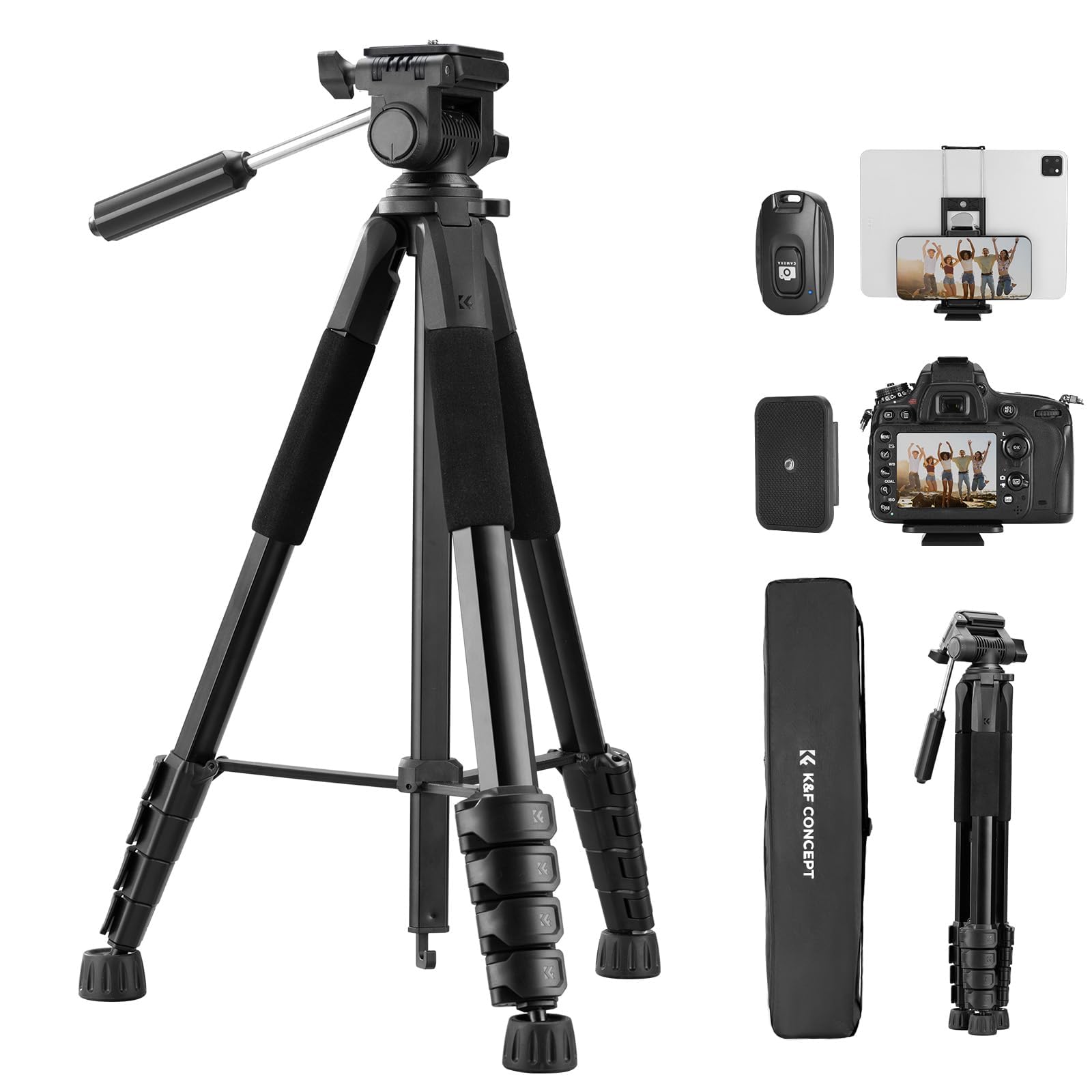 K&F CONCEPT 75" Aluminum Camera Tripod, Lightweight and Compact for Travel | Com