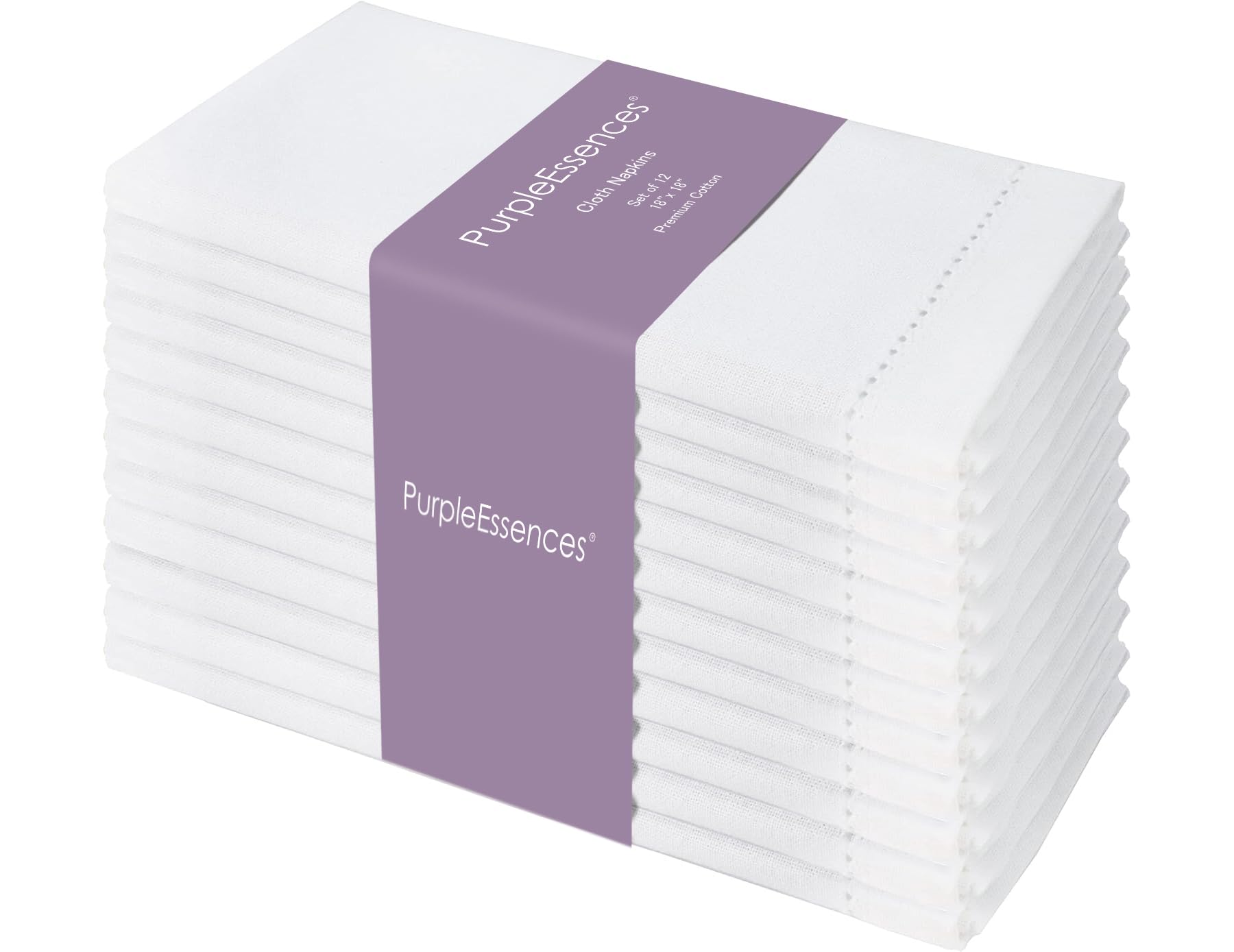 PurpleEssences Hemstitch Cloth Napkins 18x18 in Set of 12 - White | Dinner Napki