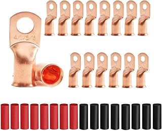 16Pcs 4/0 AWG 5/16" Stud Heavy Duty Copper Wire Lugs with 16Pcs 3:1 Black & Red Heat Shrink Tubing 4/0 Gauge Copper Battery Cable Ends Eyelets Tubular Ring Terminal