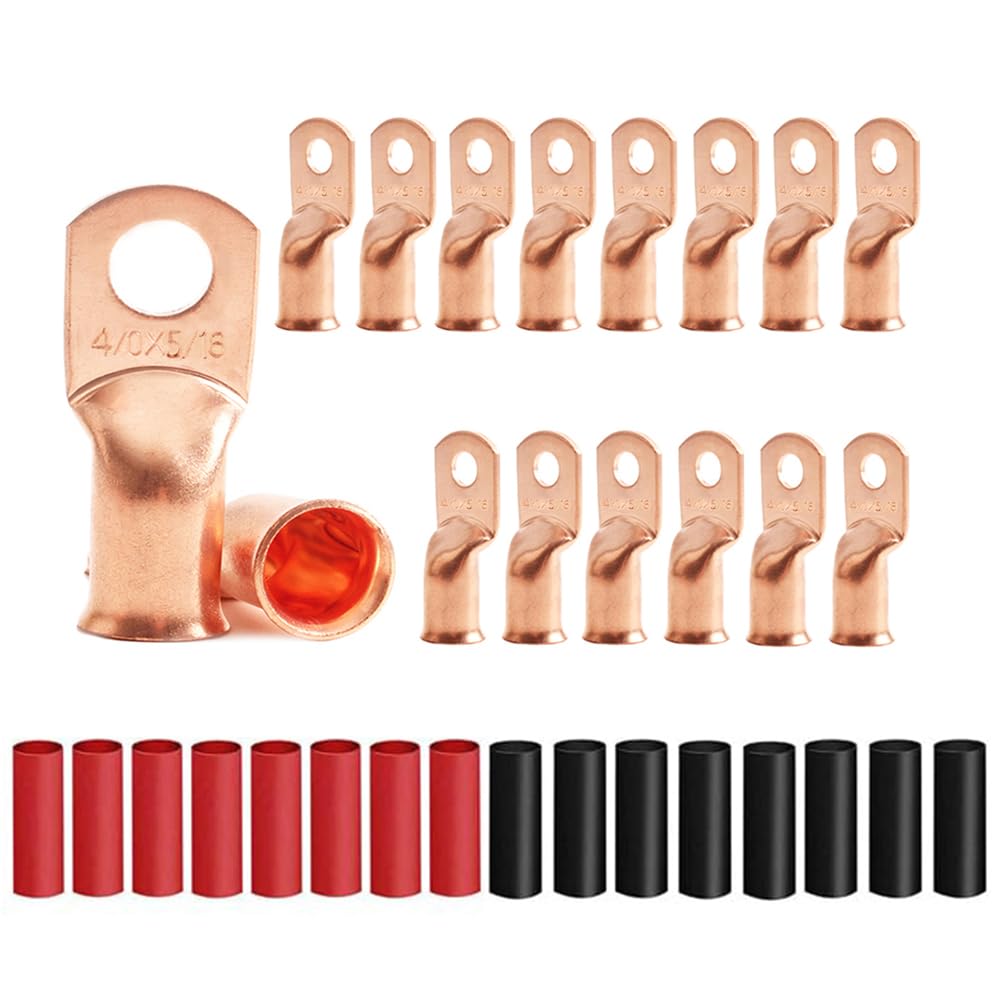 16Pcs 4/0 AWG 5/16" Stud Heavy Duty Copper Wire Lugs with 16Pcs 3:1 Black & Red 
