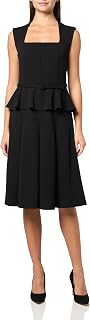 Calvin Klein Womens Cap Sleeve Square Neck Belted Scuba Crepe Peplum Midi DressDress