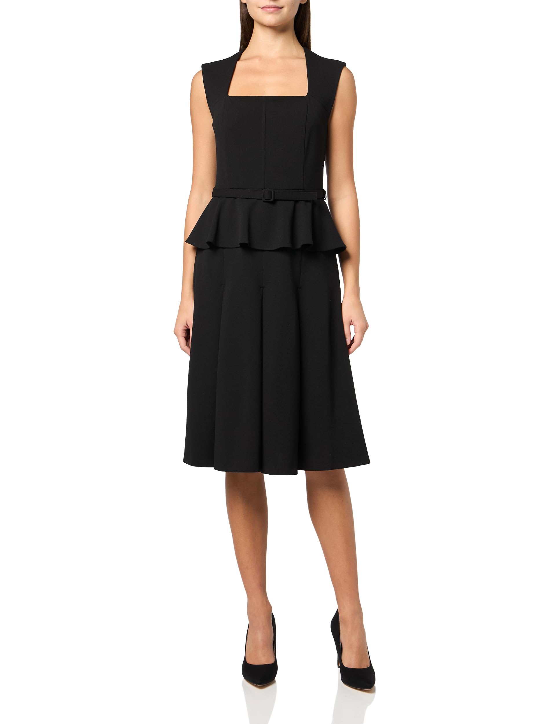 Calvin Klein Womens Cap Sleeve Square Neck Belted Scuba Crepe Peplum Midi DressD