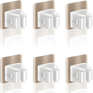 Broom Holder Wall Mounted 6 Piece, Self Adhesive Mop Holder Clips | No-drill ABS broom and mop holders for kitchen, bathroom, utility room, garage and cupboard storage