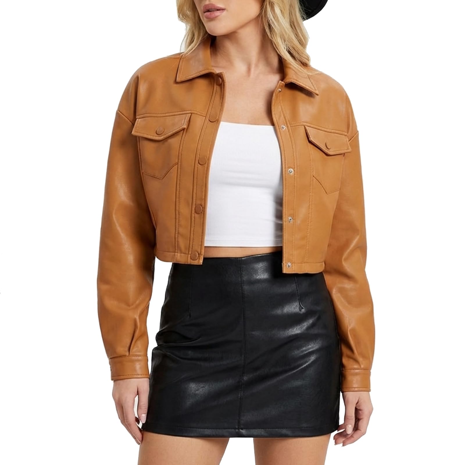 Women Faux Leather Cropped Jacket Trendy Moto Biker Short Jacket Fashion PU Coat