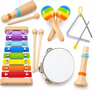 Montessori Wooden Musical Instruments Toys for Kids,Educational Drum Set for Kids with Xylophone & Maracas and More,Preschool Music Toys for Boys and Girls,Christmas Birthday Gift