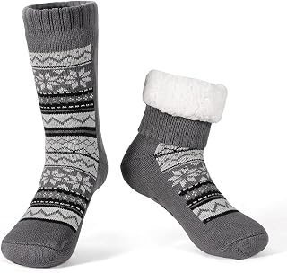 LEMZONE Men's Warm Slipper Socks Non Slip Thick Fleece Grip Cabin Socks