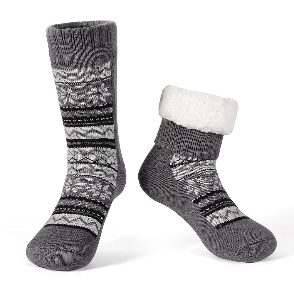 LEMZONE Men's Warm Slipper Socks Non Slip Thick Fleece Grip Cabin Socks