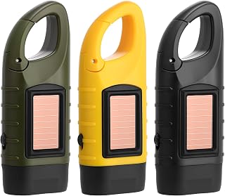 saerryor 3 Pack Wind Up Led Torch Super Bright 10m Emergency Flashlight | Solar Powered&Hand Crank, Portable Torch with Carabiner, Emergency Gear for Camping, Hiking and Outdoor Survival